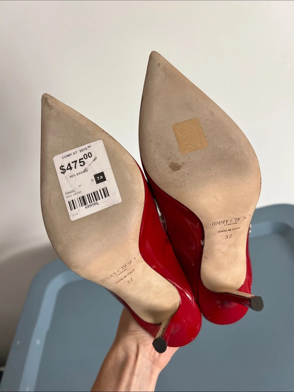 Jimmy Choo bing 100 red patent leather crystal embellished pointed toe pumps 37 - Picture 2 of 8